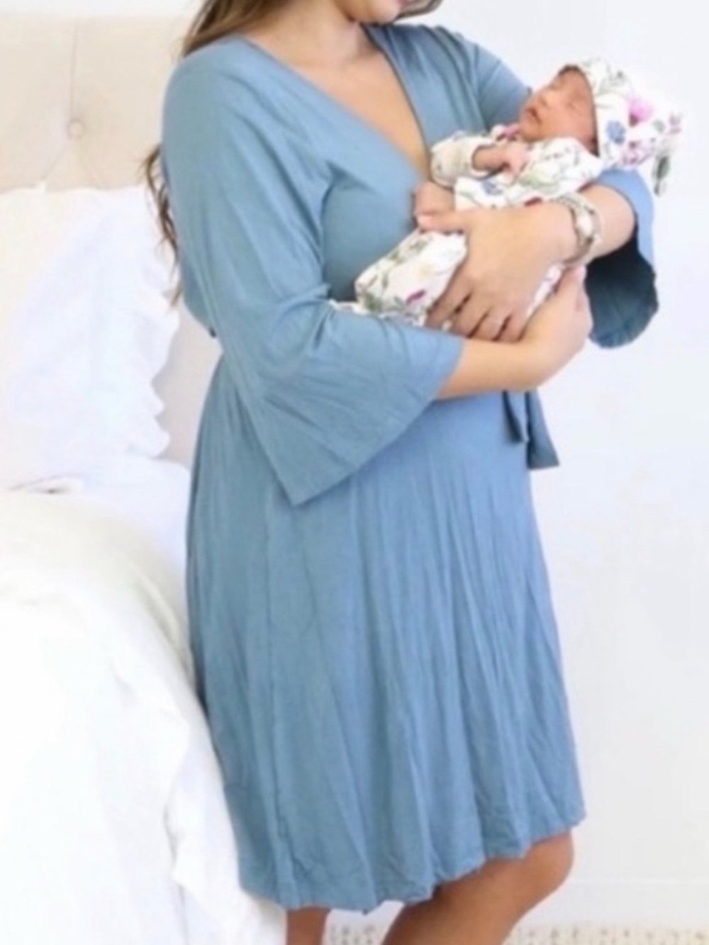 Caden Lane Bamboo Maternity Nursing Robe Dusty Blue One Size